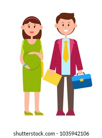 Couple of happy newlyweds, multicolored poster, vector illustration isolated on white backdrop, pregnant lady in green dress, man in cherry jacket
