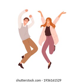 Couple of happy people dancing and jumping. Successful workers celebrating victory. Man and woman having fun together. Colored flat vector illustration of winners isolated on white background