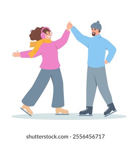 Couple of happy people happy on skating ice rink in winter. Snowy season outdoor activity. Male and female Characters in warm clothes dancing on ice. Vector illustration isolated on white background.