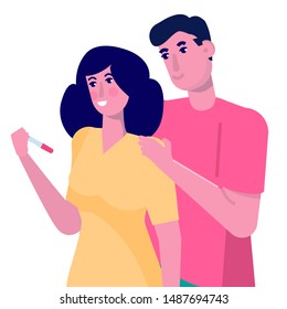Couple happy with positive pregnancy test result. Vector illustration in flat style.