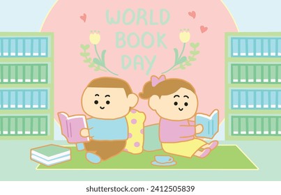 Couple happy to reading in library. cartoon style.