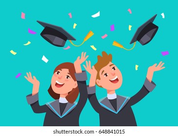 Couple happy smiling graduates man and woman in graduation gowns throwing mortarboards in air. Vector illustration concept graduation ceremony flat style