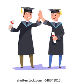 Couple happy smiling graduates man students friends in graduation gowns holding diplomas and congratulate each other raise high the hands high five. Vector illustration graduation ceremony flat style