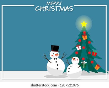 A couple of happy snowman wear black hat and Christmas tree with star on top, gift box and Christmas balls on snow floor with Merry Christmas text frame on blue background with your copy space.
