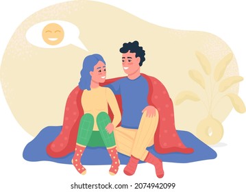 Couple happy talking 2D vector isolated illustration. Conversation with partner. Couple sitting under blanket at home flat characters on cartoon background. Romantic relationship colourful scene