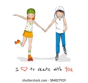 Couple of happy teens on roller skates. Pair of teenagers skating on rollers, looking at camera. Cartoon style.