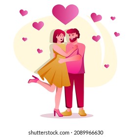 Couple happy together flat character concept for web design. Lovers man and woman hugs on romantic date, relationship modern people scene. Vector illustration for social media promotional materials.