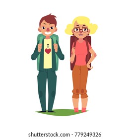 Couple of happy tourists, man and woman, with backpacks, cartoon vector illustration isolated on white background. Happy couple of tourists travelling with backpacks, sightseeing, honeymoon trip