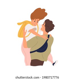 Couple of happy young man and woman hugging. Reunion, long-awaited meeting of best friends. Joyful teen boyfriend and girlfriend embracing. Flat vector illustration isolated on white background