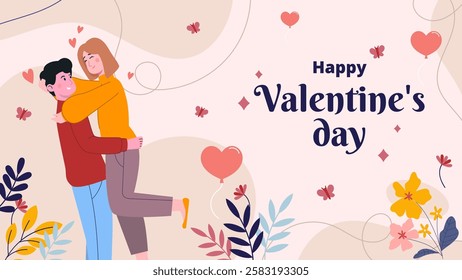 Couple of happy young man and woman hugging. Valentine's day joyful teen boyfriend and girlfriend embracing. Flat cartoon vector illustration background
