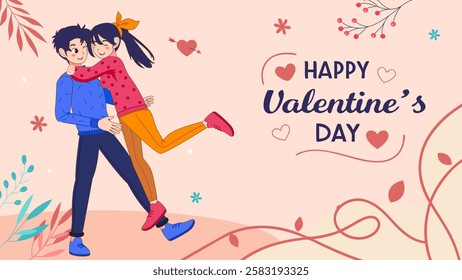 Couple of happy young man and woman hugging. Valentine's day joyful teen boyfriend and girlfriend embracing. Flat cute cartoon vector illustration background