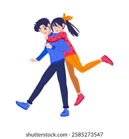 Couple of happy young man and woman hugging. joyful teen boyfriend and girlfriend embracing. Flat cartoon illustration 