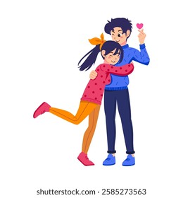 Couple of happy young man and woman hugging. joyful teen boyfriend and girlfriend embracing. Flat cute cartoon illustration 