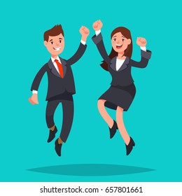Couple happy young people in business suits jumping on a blue background. Concept of successful business team celebrating victory. Vector illustration in flat style