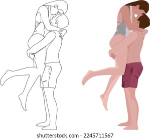 couple of happy young people he raises her in the air-
