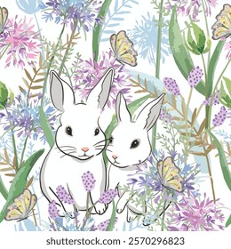 A couple hare rabbit and butterfly in wild flower forest seamless pattern