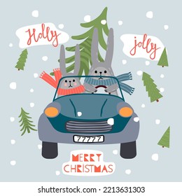 A couple of hares are driven in a retro car Christmas tree.Hand lettered text, firs and falling snow on  pastel blue background.Winter cartoon vector postcard in flat style.Print on fabric and paper.
