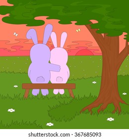A couple of hares on the bench admire the sunset. Vector illustration