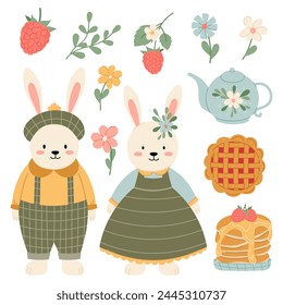 Couple of hares in vintage clothes in flat style. Set of vector illustrations of a hare with decorative breakfast elements. Rabbits in vintage costumes.