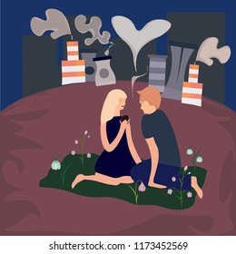 Couple has a picnic in the industrial city with emissions and air pollution, vector illustration shows ecological environmental problems of modern life.