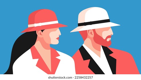 Couple in hats. Man and woman wearing casual clothes. Male and female portraits, side view, blue background. Vector illustration
