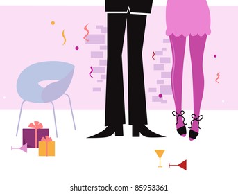 Couple have celebration and date in hot metropolitan club. Vector Illustration