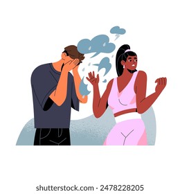 Couple have crisis, problems in relationships. Lover has lack of love, empathy, support from girlfriend. Indifference and no communication, conversation. Flat isolated vector illustration on white