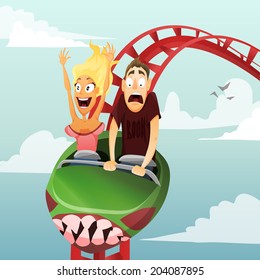 Couple have date in roller-coaster. Girl and boy