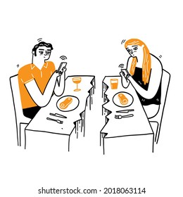 The couple have a dinner also use smartphone