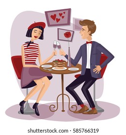 Couple have dinner with wineglasses. Lovers, Man and woman sit at the table. Cute girl and boy in cafe. Valentine's Day. Love card. Save the date. Vector illustration in flat style
