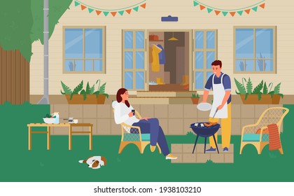 Couple Having Barbeque Party In The Backyard. Woman Drinking Coffee In The Whicker Chair, Man Cooking On The Grill, Dog Sleeping On The Lawn. Vector Illustration.