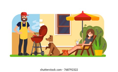 Couple having a bbq on backyard. Vector flat illustration