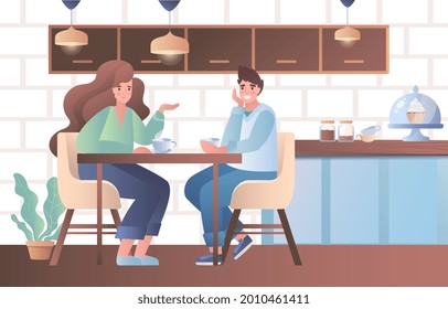 Pareja con el concepto del desayuno. El hombre y la mujer enamorados están sentados en la mesa, conversando y bebiendo café caliente. Cocina moderna en la casa. Ilustración vectorial de gradiente plano con fondo