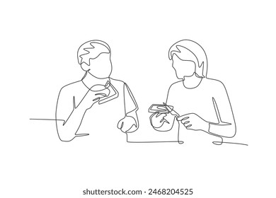 Couple having breakfast. Eating breakfast concept one-line drawing