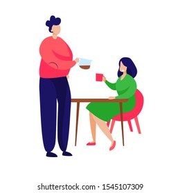 Couple having breakfast at home. Man and woman drinking coffee vector illustration. Life together, relationship concept for banner, website design or landing web page