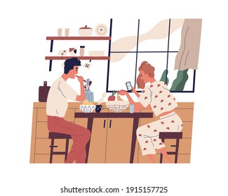 Couple having breakfast or lunch at home. Young people eating food and surfing the internet on mobile phone in modern kitchen. Colorful flat vector illustration isolated on white background