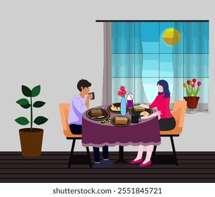 Couple having breakfast or lunch at home. Young people eating food. Colorful flat vector