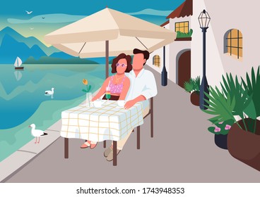 Paar beim Frühstück im Badeort Café flache Farbe Vektor Illustration. Ehefrau und Ehemann im Restaurant. Mann und Frau trinken Cocktails 2D-Cartographie-Figuren mit Saisonlandschaft im Hintergrund