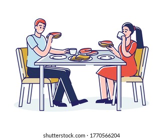 Couple having breakfast together. Man and woman eat salmon toast or sandwich and drink coffee in morning. Healthy breakfast menu concept. Linear vector illustration