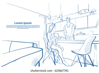 Couple Having Breakfast, Woman Show Tablet Computer To Man Cooking Food Kitchen Studio Sketch Vector Illustration