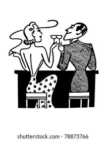 Couple Having Cocktails In Club - Retro Clipart Illustration