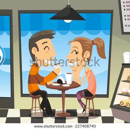 Couple having a coffee at a cafe laughing, with a man and a woman laughing, sharing, having a coffee to go. Vector illustration cartoon.