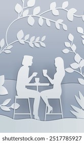 Couple having coffee conversation paper cut style nature scene foliage silhouettes