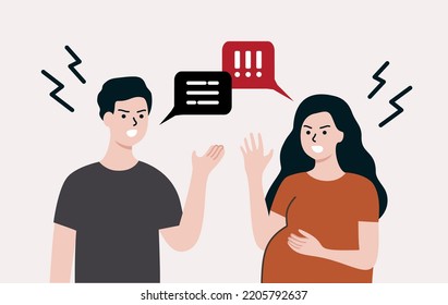 Couple having conflict. Angry Man and pregnant woman shouting and fighting. Pregnancy, Argument, Divorce, negative relationship, communication concept. Flat people Vector design illustration.