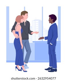 Um casal está conversando com um homem de terno dentro de um escritório com janelas grandes e um fundo de paisagem urbana. Conceito de comunicação e negócios. Ilustração vetorial