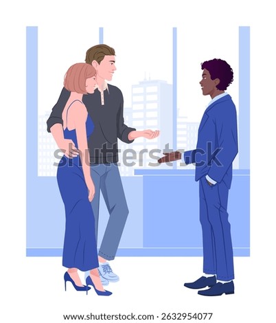 A couple is having a conversation with a man in a suit inside an office with large windows and a cityscape background. Concept of communication and business. Vector illustration