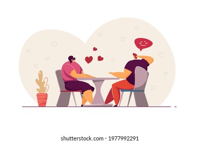 Couple having date in cafe. Affectionate young people having dinner and talking. Cute lovers flirting, celebrating St Valentine's Day or holiday. Love concept for website design