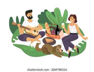 Couple having date in nature, romantic picnic vector. Man playing guitar, woman drinking wine