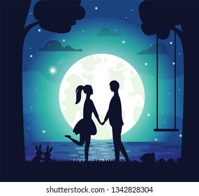 Couple having date at night vector, man and woman holding hands standing on bank of lake. Big moon and shining stars, rabbit in grass, tree silhouette