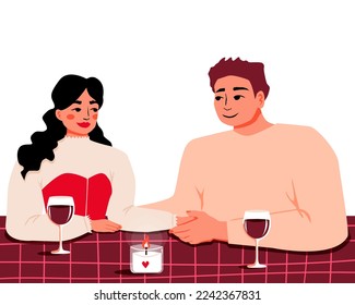 Couple having date at restaurant or cafe. Wife and husband celebrating anniversary, drinking red wine and talking. Date of man and woman by candlelight. Valentine's day celebration. Vector